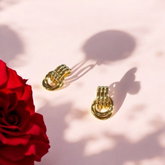 NEW Yellow Gold-Plated Stainless Steel Knotted & Looped Drop Earrings Celeb Fav - Picture 7 of 13